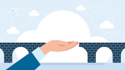 Support, huge hands connect the bridge. Support or help to solve problem, manager mentorship or coaching to help team success, leadership to guide employee to achieve goal concept. Vector illustration