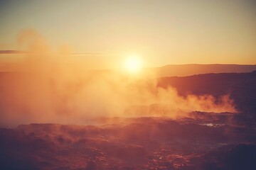 Obraz premium Geothermal sunset landscape, steam rising, hills. Possible use Stock photo
