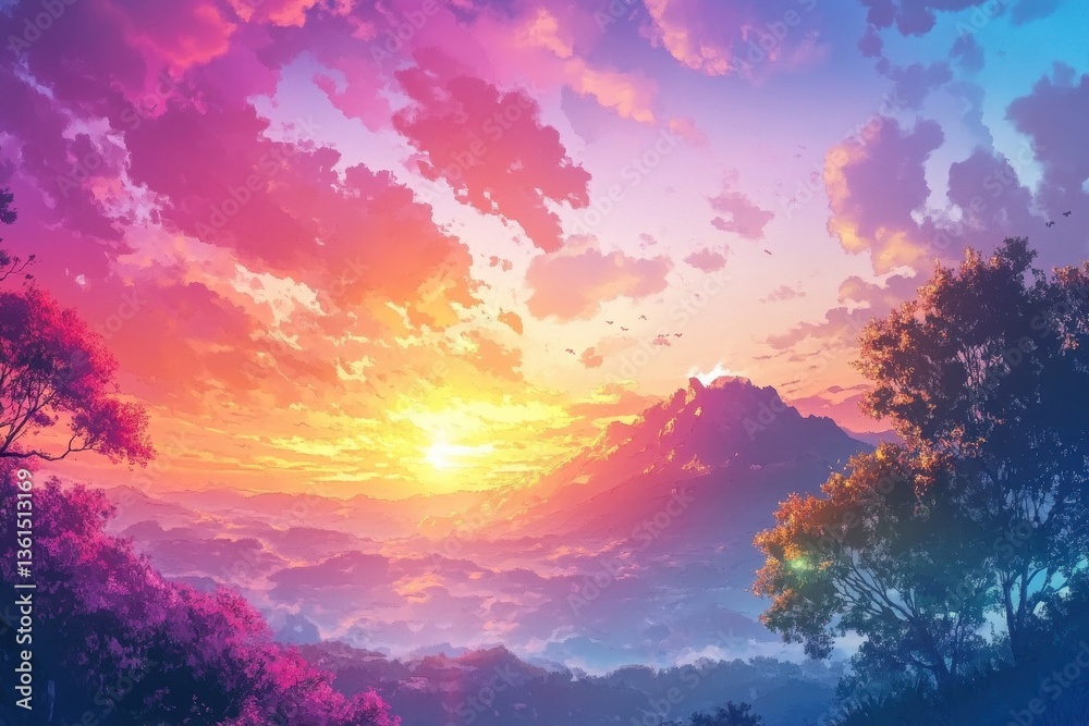 Poster Stunning sunset timelapse over the mountains and trees with vibrant colors in the sky, Sunset timelapse over mountain and trees with colorful clouds