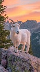 Obraz premium Mountain Goat at Sunrise, Rocky Peak