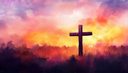 Easter Morning: The Cross silhouetted against the dawn sky, representing the sacrifice. Digital watercolor painting.