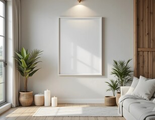 modern living room. Living room interior with white empty poster on the wall