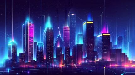 Obraz premium A futuristic cityscape at night, with towering skyscrapers and neon lights reflecting on wet streets