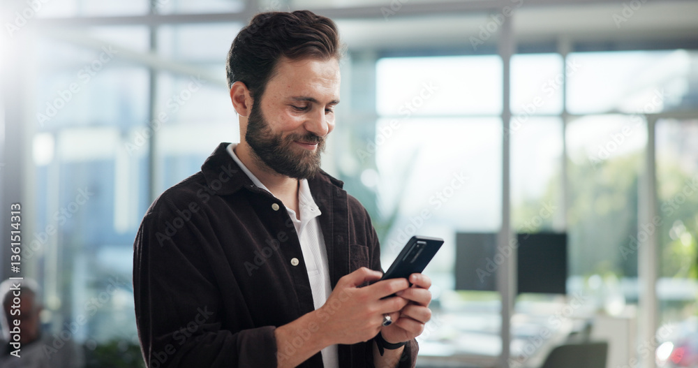 Aufkleber smile, creative and business man with mobile in office for networking, typing text or social media m