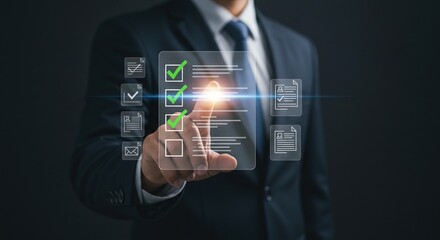 Fototapeta premium A Professional Middle-Aged Caucasian Male in a Suit Using a Digital Checklist Interface to Complete Tasks and Manage Business Operations