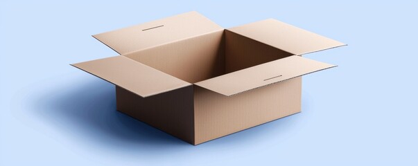 A simple, open cardboard box sits against a light blue background, ready for packing or storage.