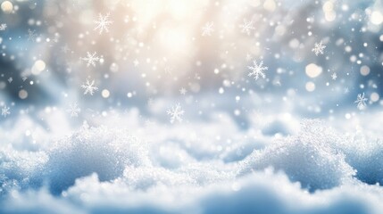 Fototapeta premium Winter Wonderland: A close-up perspective reveals a pristine, snow-covered landscape, adorned with softly falling snowflakes, capturing the serene beauty and crispness of winter.