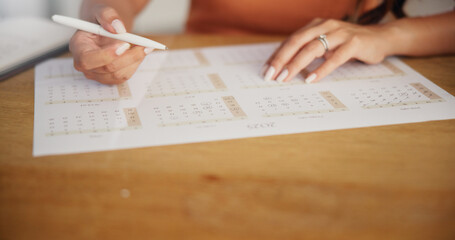 Woman, planning and hands with writing on calendar for agenda, deadline update and time management....