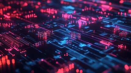Fototapeta premium Cybernetic Circuitry: A detailed view of a high-tech circuit board, interwoven with glowing red and blue lights, representing the core of modern technology and the digital age.