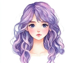 Fototapeta premium Cute Girl with Lavender Curly Hair, Soft Watercolor Portrait