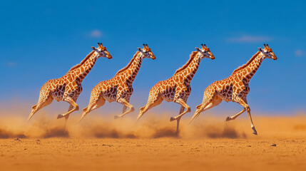 Four giraffes sprinting across a sandy landscape under a clear blue sky, creating a dynamic and vibrant scene of wildlife in motion.
