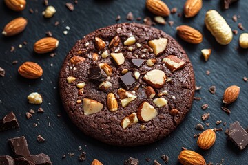 A single chocolate cookie with mixed nuts