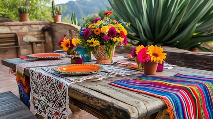 Festive outdoor table setting with vibrant decorations, colorful plates, and fresh flowers. Traditional Mexican textiles and rustic wooden elements create a warm Cinco de Mayo celebration atmosphere.
