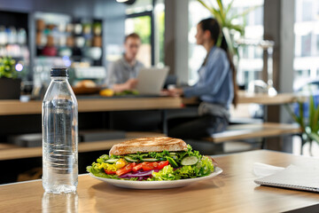 Naklejka premium Healthy lunch on office desk: sandwich, fresh veggies, water bottle, and organized workspace setup