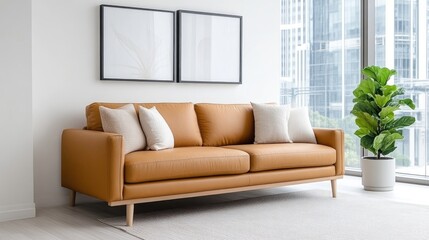 Modern living room featuring a light brown leather couch with neutral throw pillows and minimalist framed art.  A view of city skyline through large windows provides a backdrop