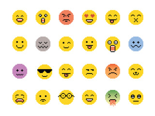 Emotion icon set in pixel style. Full color pixel emoticon	