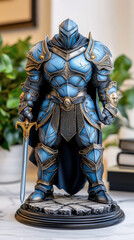 A detailed figurine of a blue-armored knight holding a sword, showcasing intricate design and craftsmanship, set against a blurred background of greenery and books.