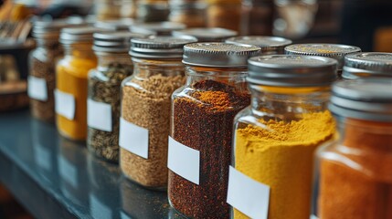 A neat arrangement of spices in small glass jars with blank labels, on a clean surface pic
