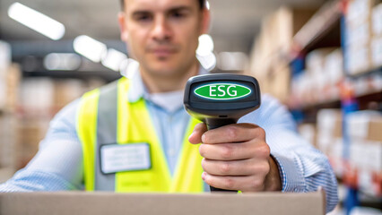 ESG Environmental Social Governance supply chain worker scans ESG certified product in warehouse