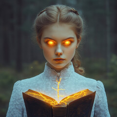 A mysterious girl in vintage attire stands in a dark forest, her glowing eyes focused on an ancient book emitting magical energy.