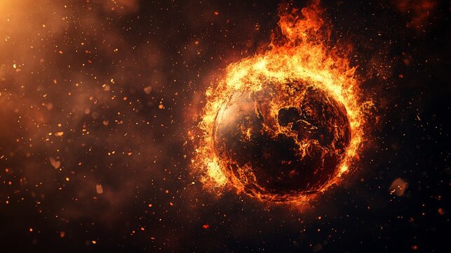Dramatic image of a planet engulfed in flames and cosmic dust, conveying themes of destruction and natural phenomena