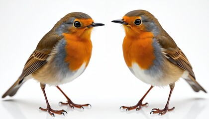Fototapeta premium Two common robins isolated against transparent background. Wild birds with red breast, brown feathers and black eyes. Beautiful wildlife portrait. Perfect for educational, eco, natural content.