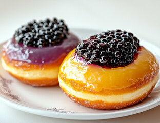 A photograph of two doughnuts, one with yellow glaze and the other with purple jelly on top