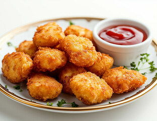 Close-up photo of chicken nuggets with ketchup on the side,