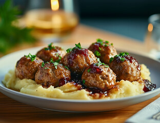 Food photography of Swedish meatballs with lingonberry jam
