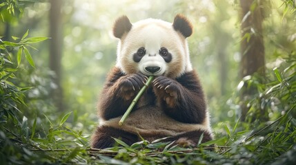 Obraz premium Adorable panda cub enjoying a bamboo treat in a lush forest