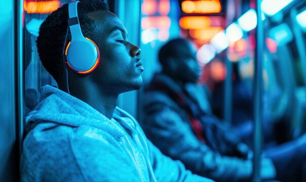 Young man with headphones enjoys a moment of peace on the train during his commute home after dark.