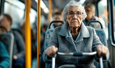 An elderly woman is riding the bus while using her walker, highlighting public transport accessibility.
