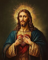 Fototapeta premium Serene image of Jesus, the Sacred Heart symbolizing his boundless compassion.