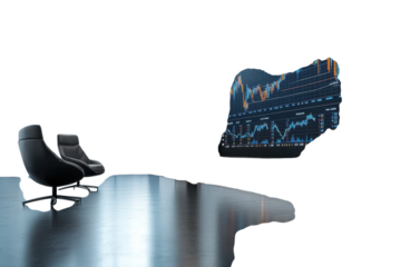 Syrias Economic Future Awaiting Decisions, Reflected In Empty Chairs And A Nations Financial Charts, Dark Tones And Sleek Modern Design Isolated on Transparent Background