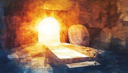 Easter Morning: The empty tomb with the stone rolled away, radiant light pouring out, and a glowing shroud folded neatly. Digital watercolor painting.