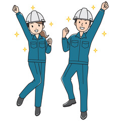 ヘルメットを被った元気な若い作業服姿の男女のカラーイラスト