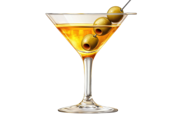 A Classic Martini Cocktail, Garnished With Three Olives On A Skewer, Sits Elegantly In A Crystal Glass Against A Clean Isolated on Transparent Background Showing Its Golden Hue