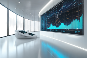A Futuristic Trading Floor Pulsates With Vibrant Teal Data Streams Illuminating A Sleek, Minimalist Space Of Pristine White And Glass, Showcasing Dynamic Market Trends Isolated on Transparent Backgrou