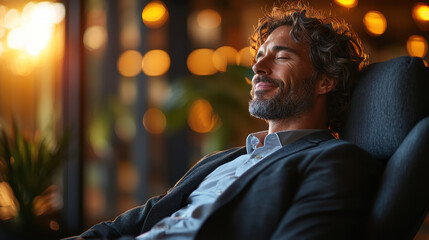 Obraz premium Professional enjoying a moment of relaxation in a modern office environment during evening hours