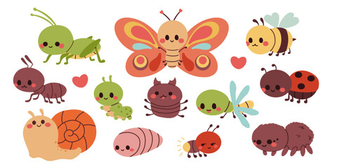 Set of cute garden insects, bugs. Snail, spider, butterfly, stag beetle, dragonfly, grasshopper, worm, spider, ladybug, bee ,fire fly, ant for children. Funny childish characters.