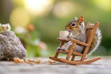 Fototapeta premium Squirrel's Coffee Break: A charming and whimsical image features a squirrel enjoying a cup of coffee while relaxing in a miniature rocking chair. The scene is set outdoors, with soft.