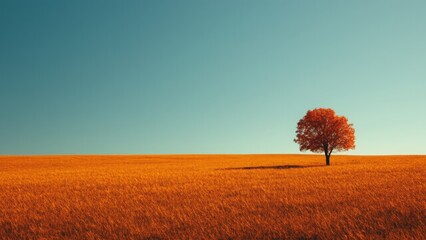 A lone tree with fiery autumn leaves stands in a vibrant orange field, under a serene blue sky. The image captures solitude, tranquility, and natural beauty