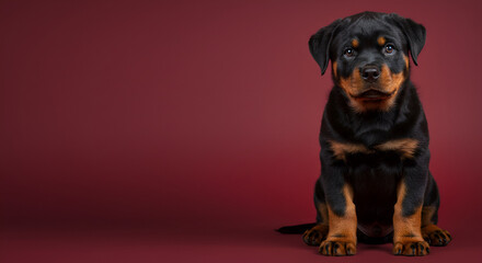 Obraz premium Serious Rottweiler Puppy Posing Against Maroon Background