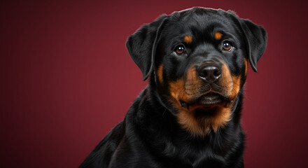 Attentive Rottweiler Puppy Gazing Forward Against Deep Red Background