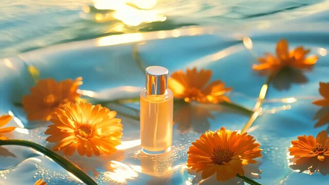 A glass bottle of golden calendula essential oil is placed among vibrant orange calendula flowers floating on shimmering water. The soft sunlight creates a warm, natural glow, enhancing the beauty 