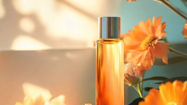 A luxurious glass bottle filled with golden herbal oil, elegantly placed among vibrant calendula and chamomile flowers in warm, soft sunlight. The scene evokes feelings of natural beauty, skincare