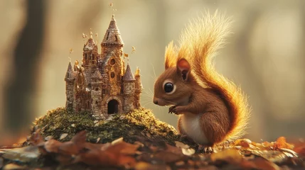 Photo sur Plexiglas Whimsical Squirrel and Castle: A charming red squirrel gazes curiously at a miniature fairytale castle, nestled amidst autumn leaves and mossy terrain, inviting viewers into a world of fantasy. 