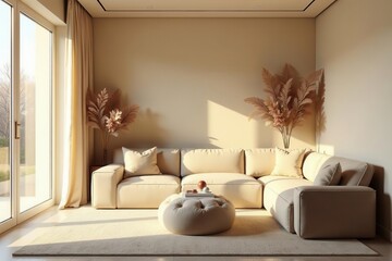 Serene Living Room Interior Design with Beige Sectional Sofa and Pampas Grass Decor