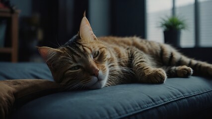 Naklejka premium Relaxed tabby cat lounges on soft blue sofa in calming interior, a moment of feline tranquility indoors.