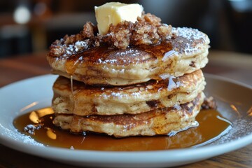 Golden Pancakes: A stack of fluffy pancakes, drizzled with maple syrup, a pat of butter, and some toppings, creates a mouthwatering image.